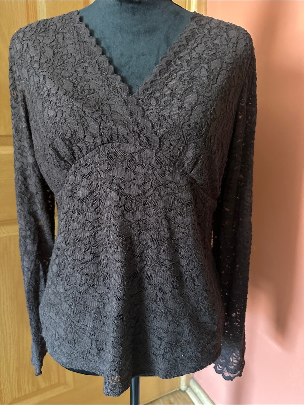 Emma James Dark Brown Lace V-Neck Long Sleeve Top